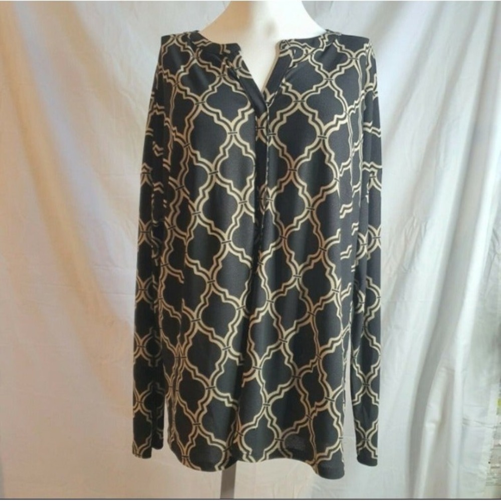 Dana Buchman Womens XL Black Tan Geometric Trellis Split Neck Long Sleeve Blouse